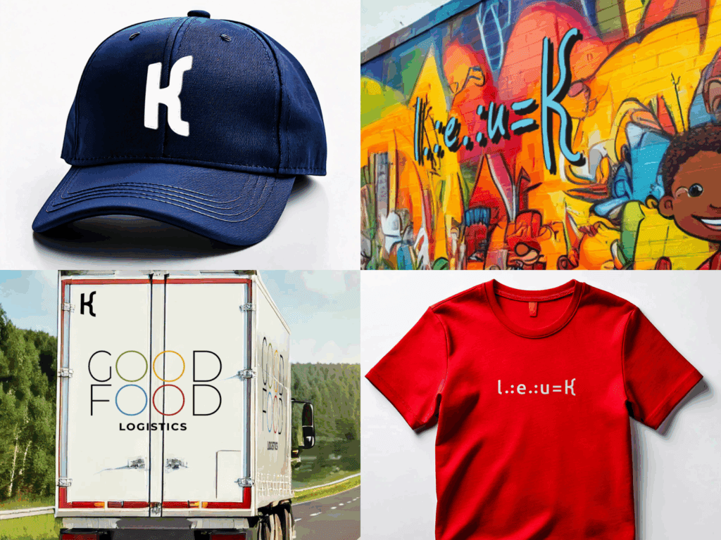 Examples of applications on a cap, truck and t-shirt and as graffiti.